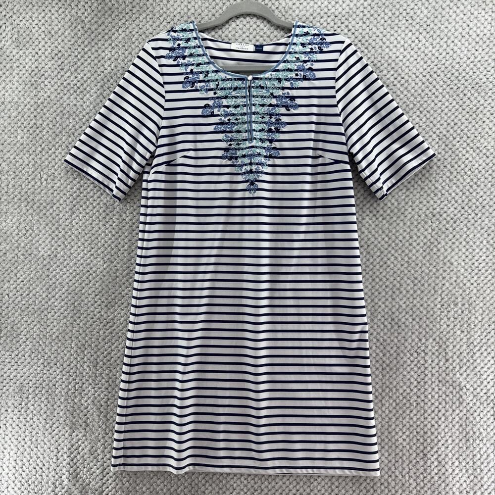 Cabana Life by Talbots Dress Womens L White Blue Striped Nautical Embroidered